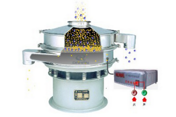 超聲波振動(dòng)篩工作原理：物料進(jìn)入超聲波振動(dòng)篩體內(nèi)，通過振動(dòng)電機(jī)與超聲波換能器的配合使用實(shí)現(xiàn)，物料的篩分，分級(jí)，除雜等篩分目的。