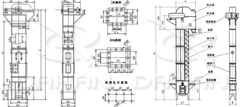 TD/D型斗式提升機基本結(jié)構(gòu):機頭蓋，機頭座，減速電機，直管，底座，緊張裝置等。