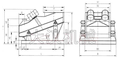 ZSG礦用振動篩外形示意圖：B為礦用振動篩寬度，L為礦用振動篩長度。H為礦用振動篩高度等。