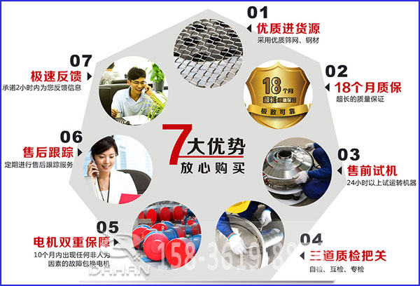 大漢食品振動(dòng)篩的7大優(yōu)勢：優(yōu)質(zhì)進(jìn)貨源，售后跟蹤，售前試機(jī)等。
