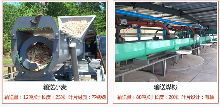 絞龍螺旋輸送機(jī)輸送小麥輸送量在12噸/時(shí)，長(zhǎng)度為25米，葉片采用不銹鋼材質(zhì)；輸送水泥輸送量在80噸/時(shí)，長(zhǎng)度為20米，葉片設(shè)計(jì)為有軸。