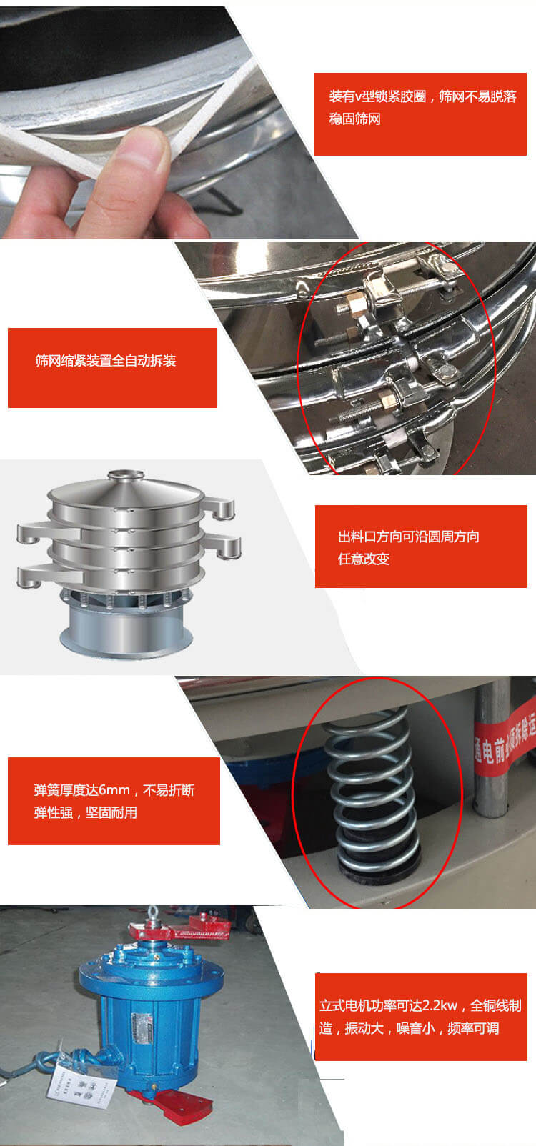 裝有V型鎖緊膠圈，使篩網(wǎng)不易脫落穩(wěn)固篩網(wǎng)，篩網(wǎng)鎖緊裝置，全自動拆裝，出料口方向可沿圓周方向任意改變。彈簧厚度達(dá)6mm，不易折斷，彈性強(qiáng)，堅(jiān)固耐用。專業(yè)的振動電機(jī)，全銅線制造，振動大，機(jī)械噪音小，頻率可調(diào)。產(chǎn)品對比:材質(zhì)：大漢振動篩廠家采用304不銹鋼材質(zhì)耐腐蝕性，耐熱性強(qiáng)。個別廠家采用其它金屬材質(zhì)，耐腐蝕性，耐熱性差蒸發(fā)緩慢，烘干效率較低。大漢振動篩廠家采用金屬編織網(wǎng)，篩分精度高，效率高，篩網(wǎng)利用率高。