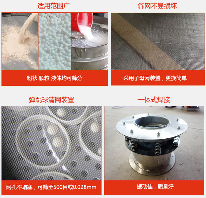 食品振動(dòng)篩特點(diǎn)：1，效率高？：效率高，設(shè)計(jì)精巧耐用，任何粉類，粘液軍可篩分。2，操作簡單采用優(yōu)質(zhì)材料，換網(wǎng)容易，操作簡單，清洗方便。3，網(wǎng)孔不堵塞粉末不飛揚(yáng)，可篩至500目或0.028mm4，精細(xì)做工產(chǎn)品經(jīng)過嚴(yán)格加工程序，做工精細(xì)美觀耐用。5，獨(dú)特網(wǎng)架設(shè)計(jì)篩網(wǎng)使用時(shí)間長久，換網(wǎng)只需3-5分鐘。