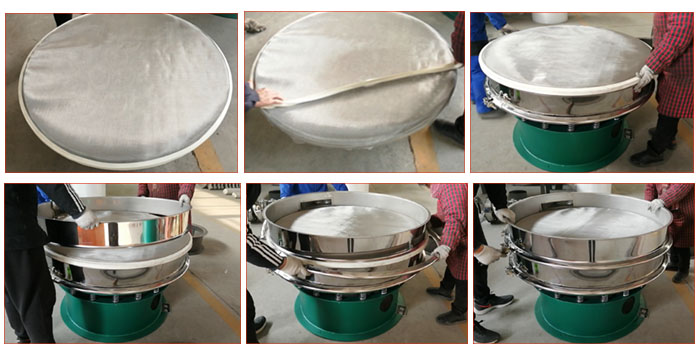 食品振動(dòng)篩網(wǎng)安裝步驟3，將密封圈安裝到網(wǎng)架周圍，將篩框放到網(wǎng)架上，并利用束環(huán)將上下兩層篩框固定在一起。