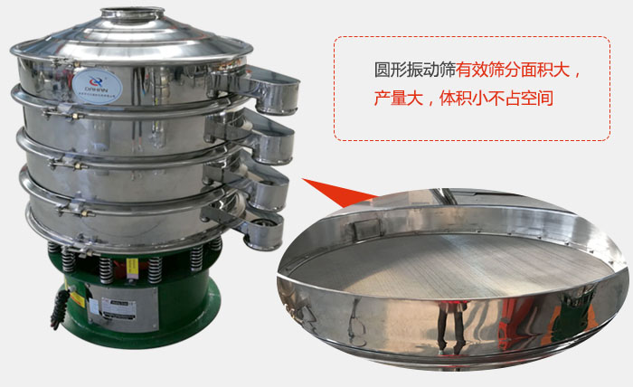 圓形振動(dòng)篩有效篩分面積大，產(chǎn)量大，體積小不占空間。
