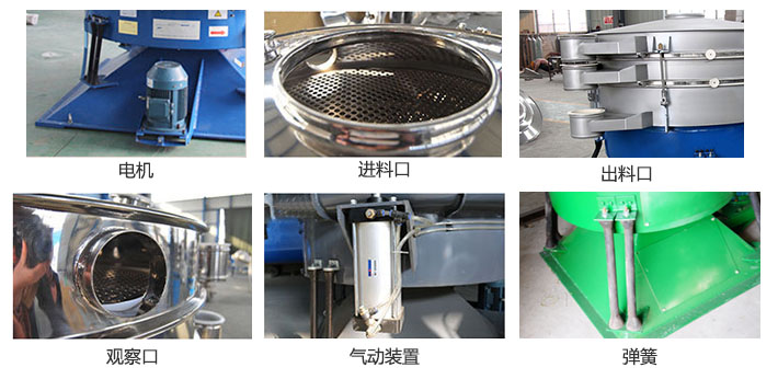 搖擺篩分機(jī)由進(jìn)料口，出料口，觀察口，電機(jī)，彈簧，氣動(dòng)裝置等部件組成