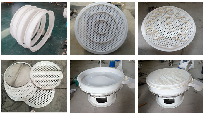 塑料防腐旋振篩配件：振動(dòng)篩底座，篩框，防塵蓋，篩網(wǎng)，振動(dòng)電機(jī)座。