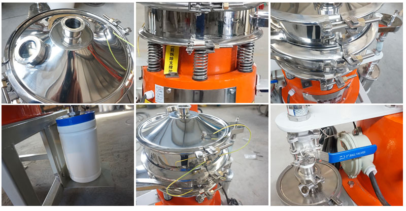 氣體保護(hù)超聲波振動(dòng)篩細(xì)節(jié)：控制閥，料罐，篩網(wǎng)。