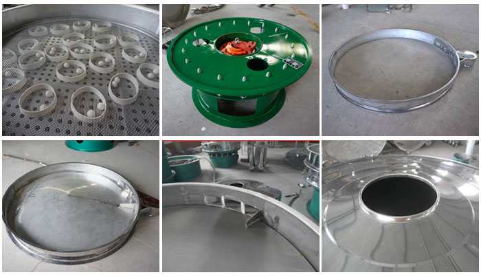 大型旋振篩細(xì)節(jié)：大型旋振篩篩網(wǎng)，大型旋振篩篩框，大型旋振篩防塵蓋。