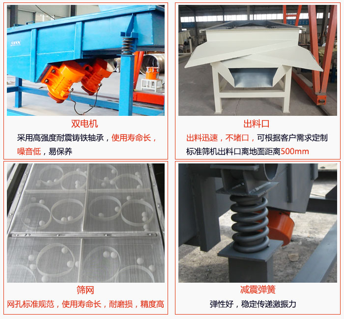 1030直線振動(dòng)篩雙電機(jī)采用高強(qiáng)度耐震鑄鐵軸承使用壽命長、噪音低，易保養(yǎng)；出料口排料迅速，不堵口，可根據(jù)客戶需求定制，標(biāo)準(zhǔn)機(jī)器出料口離地面距離500mm;篩網(wǎng)網(wǎng)孔標(biāo)準(zhǔn)規(guī)范、使用壽命長，耐磨損、精度高；減震彈簧：彈性好，穩(wěn)定傳遞激振力。