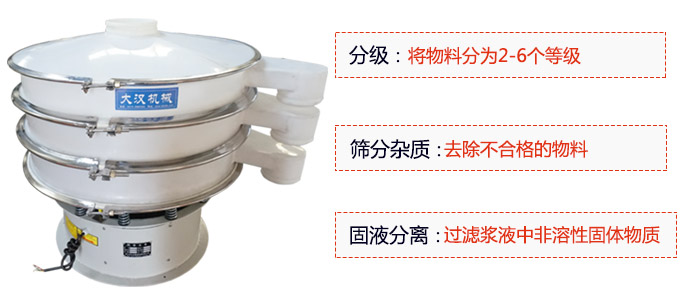 600型聚丙烯振動篩優(yōu)勢：分級：將物料京分為2-6個等級。篩分雜質(zhì)：去除不合格的物料。固液分離：過濾漿液中非溶性固體物質(zhì)。