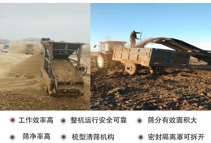 振動篩沙機(jī)特點及優(yōu)勢：工作效率高，整機(jī)運(yùn)行安全可靠，篩分有效面積大，篩凈率高，梳型清篩機(jī)構(gòu)，密封隔離罩可拆開。