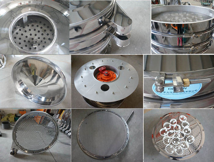 里外剖光振動篩細(xì)節(jié)：防塵蓋拋光效果，篩框拋光效果，振動篩底座拋光效果，振動篩網(wǎng)架拋光效果等。