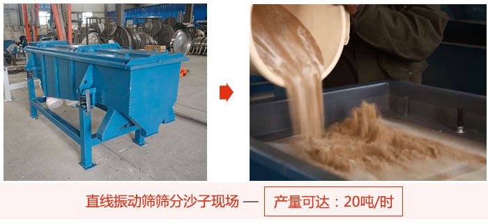 直線振動(dòng)篩篩分沙子現(xiàn)場(chǎng)展示，產(chǎn)量高達(dá)20噸每小時(shí)。