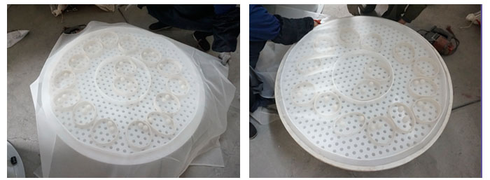 直徑1000型塑料振動(dòng)篩換網(wǎng)第一步準(zhǔn)備網(wǎng)架平鋪細(xì)網(wǎng)，固定細(xì)網(wǎng)剪去多余細(xì)網(wǎng)。