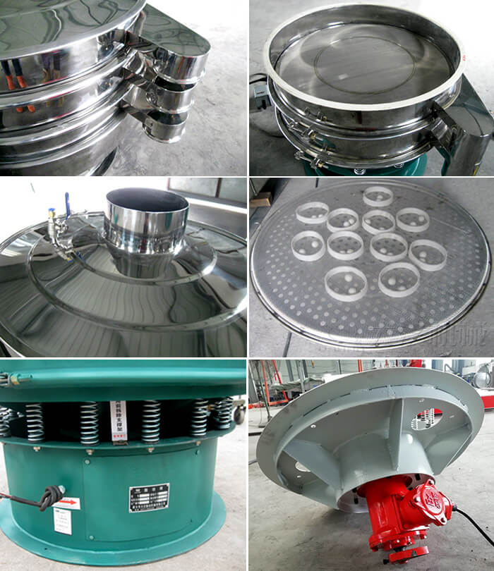 圓形旋振篩細(xì)節(jié)展示：出料口，篩網(wǎng)，進(jìn)料口，網(wǎng)架，擋球環(huán)，振動彈簧，振動電機(jī)等。