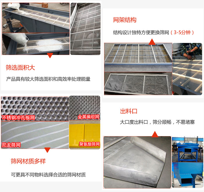 多層直線振動(dòng)篩篩選面積大，網(wǎng)架結(jié)構(gòu)方便篩網(wǎng)更換，篩網(wǎng)可選：不銹鋼沖孔板，金屬編織，尼龍篩網(wǎng)，聚氨酯篩網(wǎng)等。