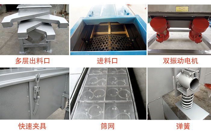 多層直線振動(dòng)篩出料口，篩網(wǎng)，彈簧，快速夾具，振動(dòng)電機(jī)等