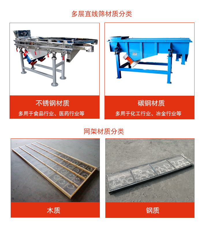 多層直線振動(dòng)篩材質(zhì)有：不銹鋼，碳鋼；網(wǎng)架材質(zhì)有木質(zhì)，鋼質(zhì)等。