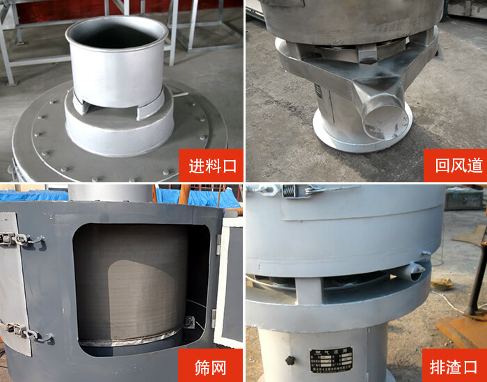 氣流篩分機進料口，回風道，篩網(wǎng)，排渣口。