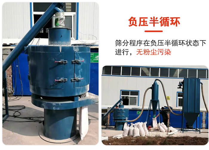 氣流篩負壓半循環(huán)，篩分程序在負壓版循環(huán)狀態(tài)下進行，無粉塵污染。