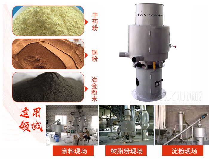 氣流篩分機主要適用物料有中藥粉，銅粉，冶金粉末等。