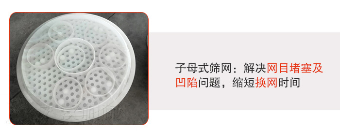 塑料防腐蝕振動(dòng)篩采用子母扣式網(wǎng)架可安裝彈跳球進(jìn)行清網(wǎng)，解決篩網(wǎng)堵塞問(wèn)題。