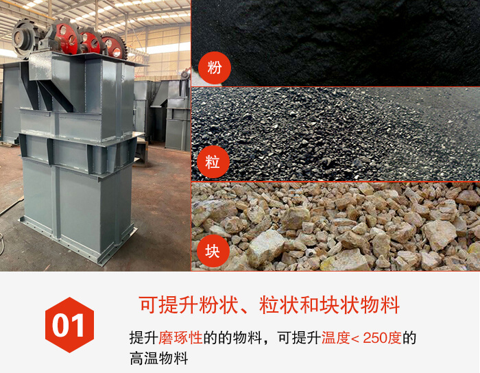 斗式提升機能夠提升的物料種類比較多大致可分：粉，粒，塊等多種類型。
