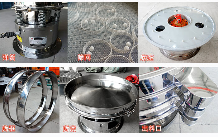 細節(jié)展示：篩框，篩網(wǎng)，振動底座，振動體，出料口。