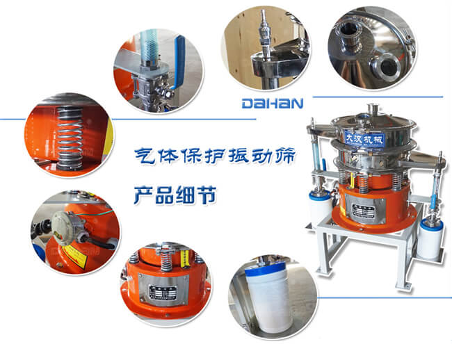 氣體保護(hù)振動篩細(xì)節(jié)：振動彈簧，手動閥門，料罐等。