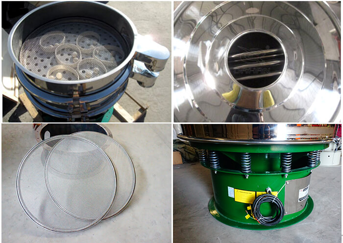 單層振動(dòng)篩細(xì)節(jié)：篩網(wǎng)，進(jìn)料口，振動(dòng)彈簧，彈跳球。