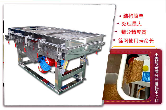 小麥清理振動(dòng)篩結(jié)構(gòu)簡(jiǎn)單，處理量大，篩分精度高，篩網(wǎng)使用壽命長(zhǎng)。